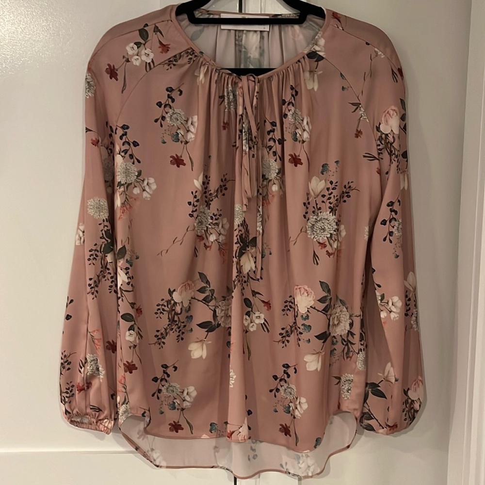 Amanda Uprichard Floral Mauve Long Sleeve Satin Blouse SZ Petite Small